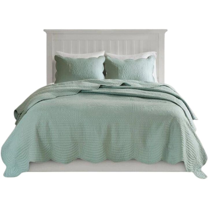 Hivvago King Size 3 Piece Reversible Scalloped Edges Microfiber Quilt Set in Seafoam