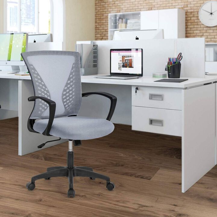 QuikFurn Gray Modern Mid-Back Ergonomic Mesh Office Desk Chair with Armrest on Wheels