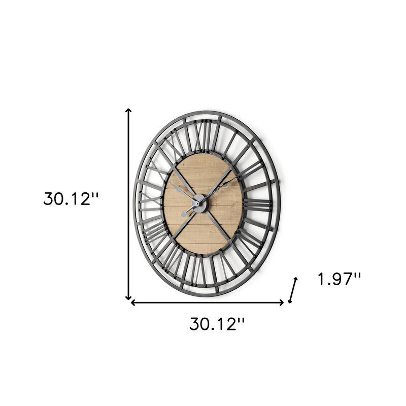 HomeRoots 30" Black And Natural Iron And Wood Analog Round Wall Clock image number 3