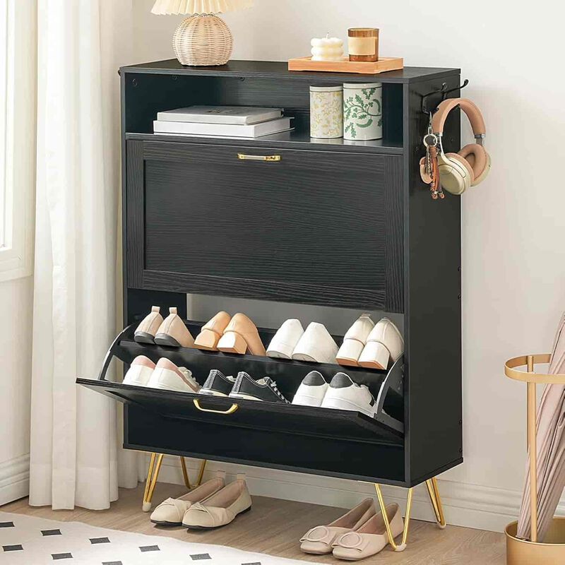 Shoe Cabinet with 2 Flip Drawers Tipping Bucket Design for Entryway- Black image number 1