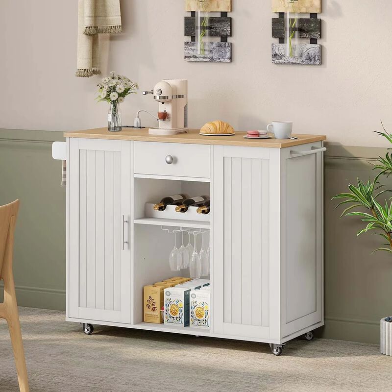 Portable Kitchen Island with Charging Station and Built-In Trash Cabinet-White image number 5