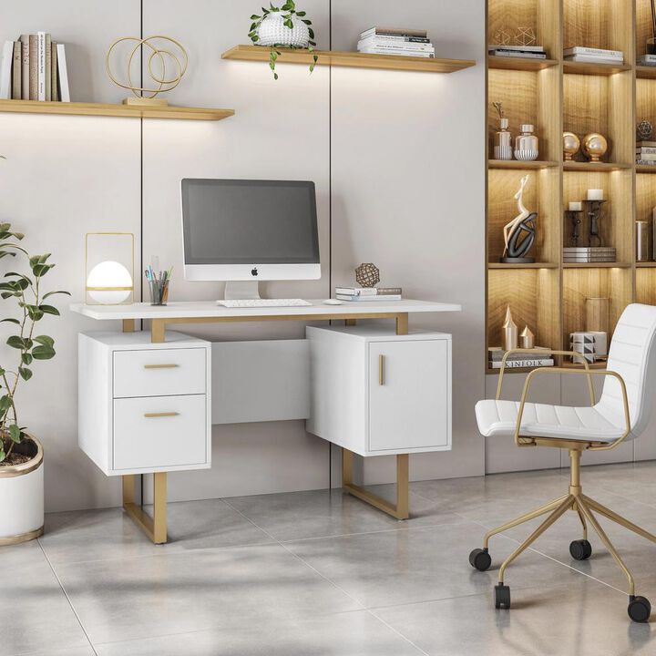 Techni Mobili White and Gold Desk for Office with Drawers & Storage
