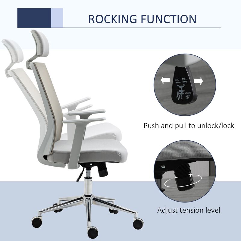 High Back Office Chair, Swivel Task Chair with Lumbar Back Support, Breathable Mesh, and Adjustable Height, Headrest, Grey