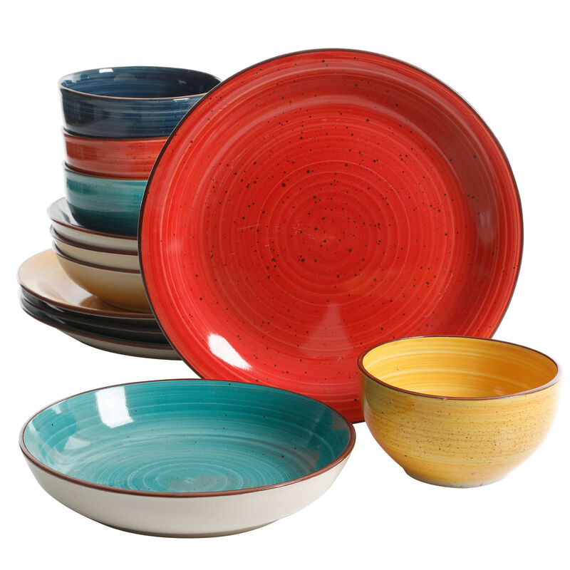 Gibson Color Speckle 12 Piece Mix and Match Double Bowl Dinnerware Set in 4 Assorted Colors