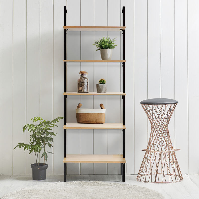 Madera  Industrial 5-Shelf Wood Wall-Mounted Open Ladder Bookcase