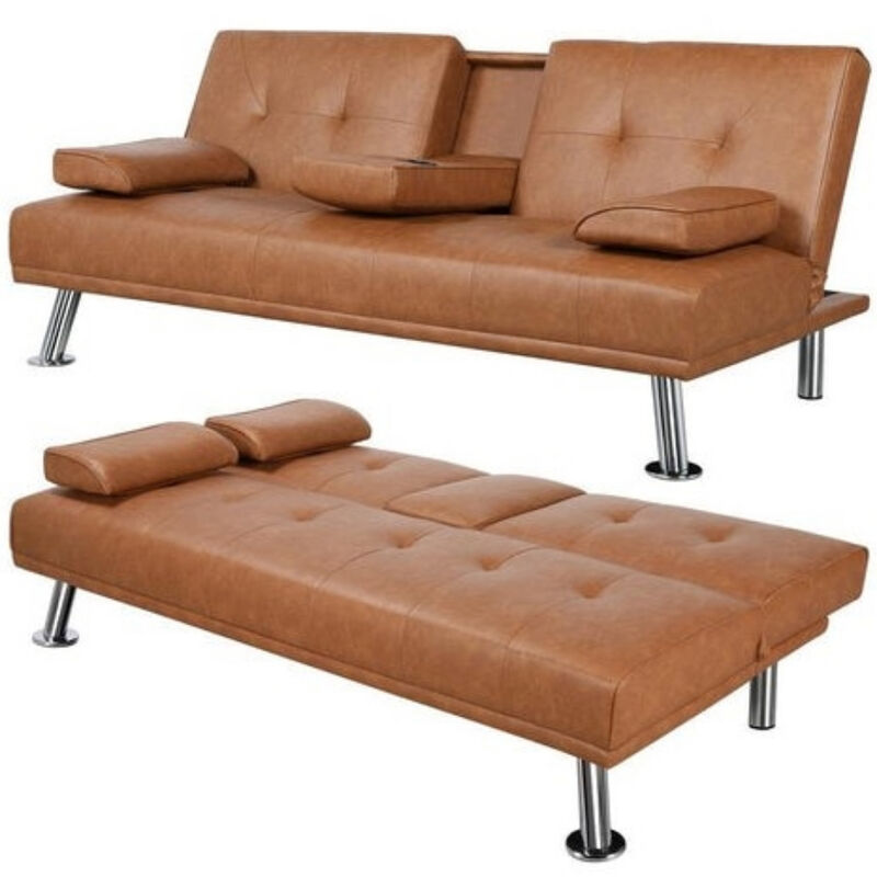 Modern Faux Leather Convertible Sofa Bed Futon with Cup Holders