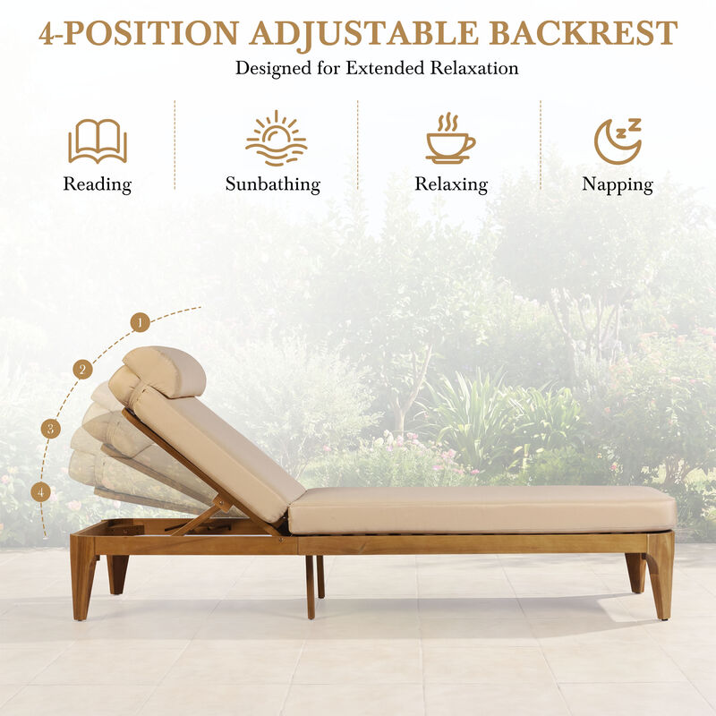 Merax Outdoor Chaise Lounge with Natural Acacia Wood Frame, Adjustable Recline image number 5