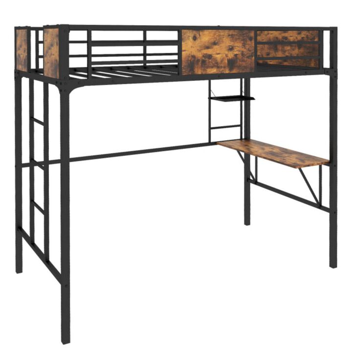 Hivvago Twin Size Industrial Metal Loft Bed with Desk Storage Shelf and Build-in Ladder