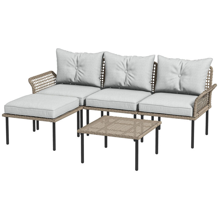 Outsunny 5 Piece Patio Furniture Set with Rattan Sofa Chair, Chaise Lounge, Stool, Table, Cushions, Outdoor Conversation Set for Backyard, Lawn and Pool, Cream White