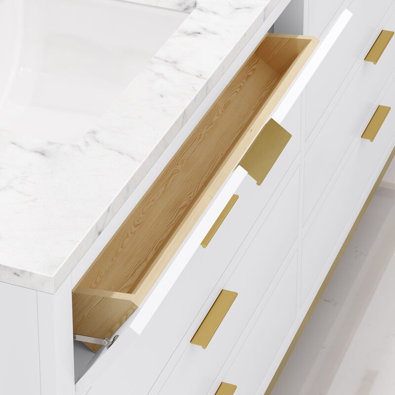 Bristol 72 In. Double Sink Carrara White Marble Countertop Bath Vanity in Pure White