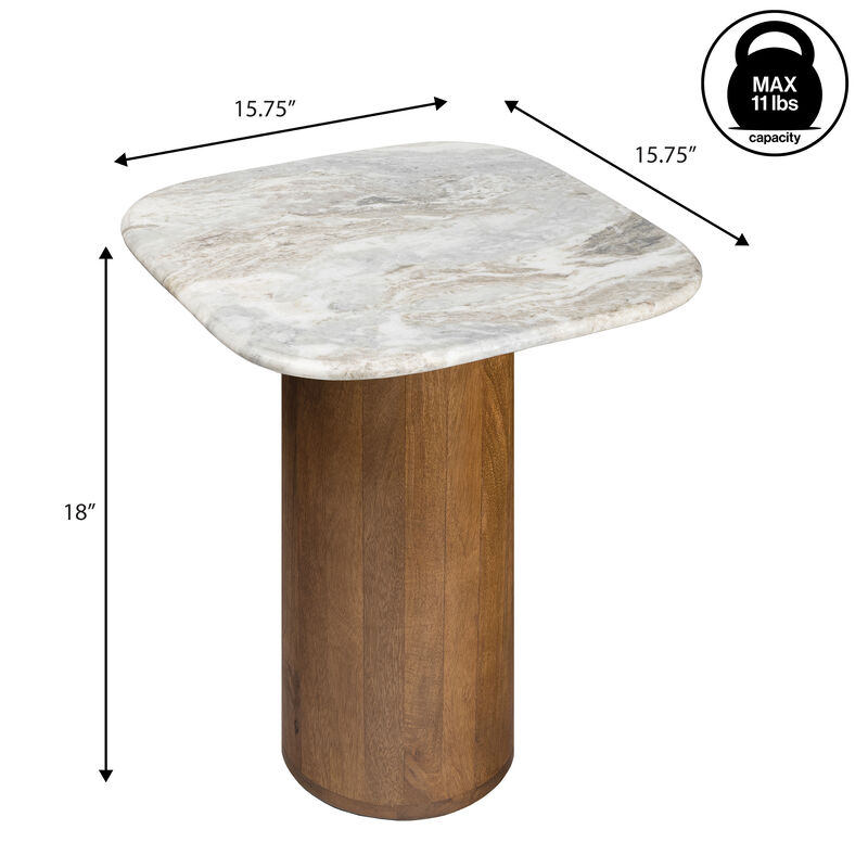 Milos 18" Rustic Minimalist Square Marble/Wood Accent Table image number 3