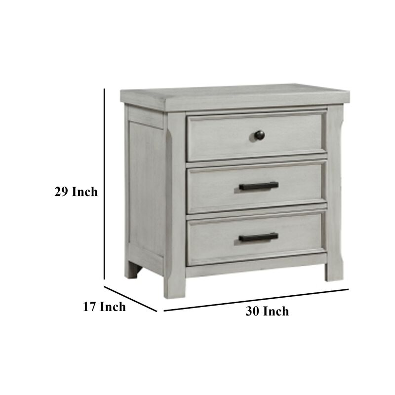 Brok Nightstand, 3 Drawers, Light Gray Acacia Wood, Black Bar Handles - Benzara