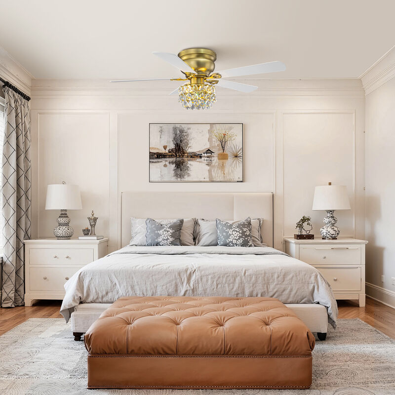 48 in. Soft Brass Crystal Flush Mount Hugger Ceiling Fan with Light and Remote