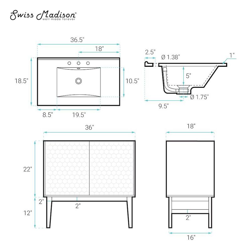36" Freestanding Bathroom Vanity with 3-Hole Widespread Sink Top image number 4