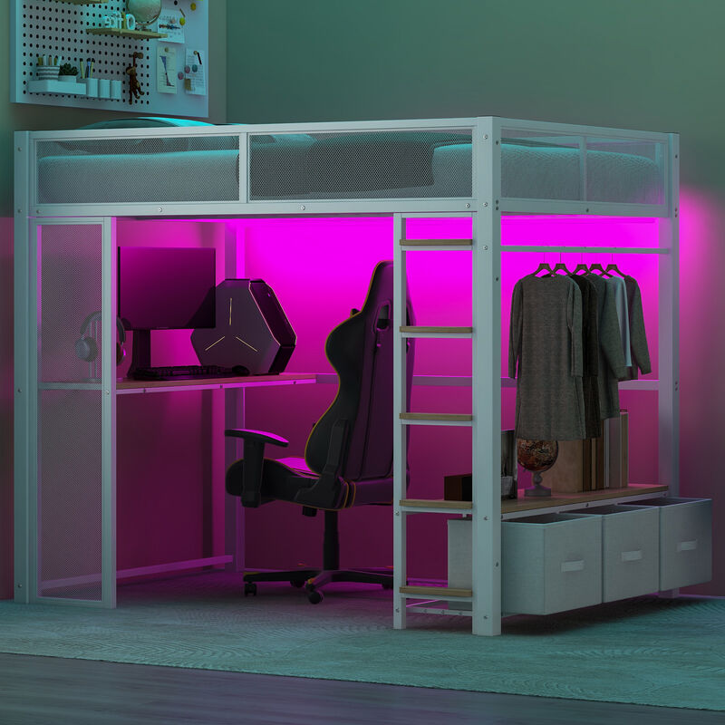 Merax Metal Gaming Loft Bed with LED and Desk