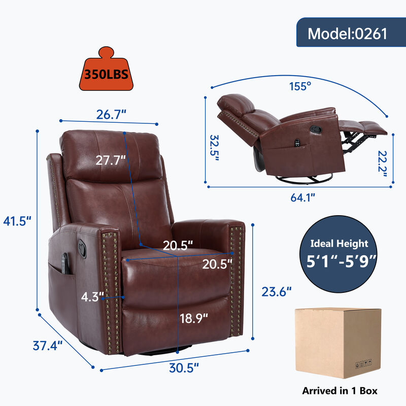 Gnuine Leather Heat Massage Manual Recliner Chair with Rocker and Swivel image number 9