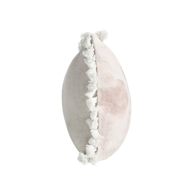 Luos Lumbar Throw Pillow, 14x20 Inch Tasseled Edges, Pink Cotton Linen - Benzara