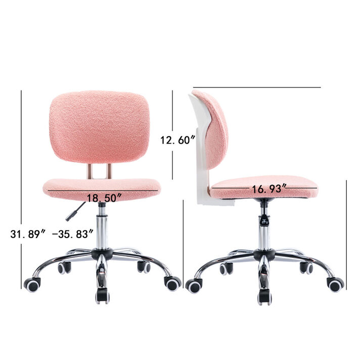 Teddy Velvet Makeup Pink Office Desk Chair Bling Desk, Armless Vanity Desk Task Chair with Wheels 360, Bling Desk Nail Desk for Women, Adjustable Height