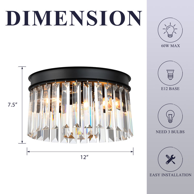 12 in. Modern Glam 3-Light Dimmable Crystal Flush Mount Ceiling Light image number 2