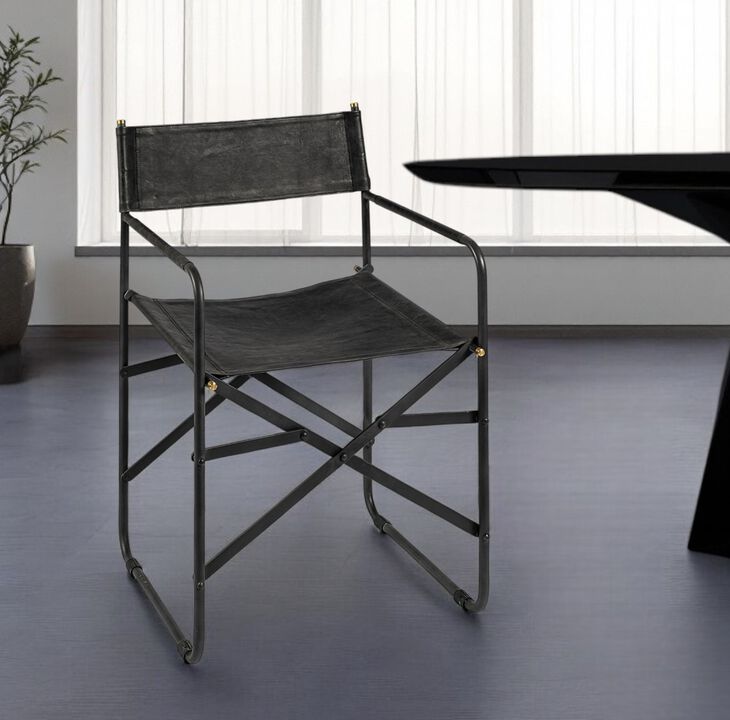 Open Back Dining Arm Chair with Leather Seat and Metal Frame, Stylish Seating