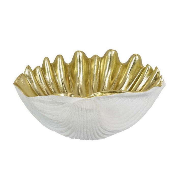 18 Inch Decorative Shell Bowl, Gold Details and Delicate Folds, White Resin - Benzara
