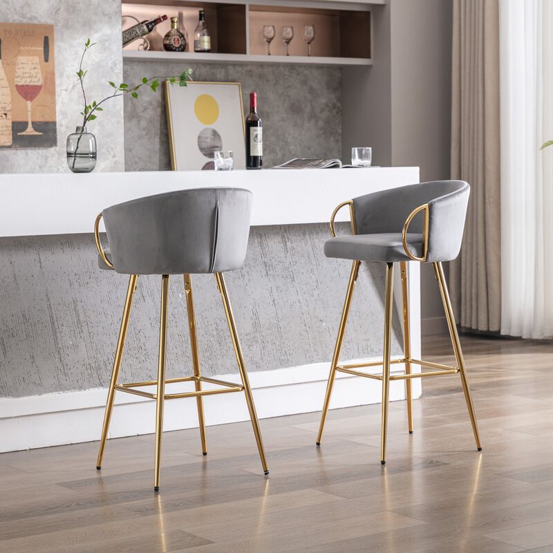 26 Inch Set of 2 Velvet Bar Stools with Chrome Footrest and Golden Base Counter Height Stools image number 2