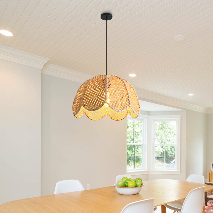 15.8" Bohemian Light Brown Handwoven Rattan Flower Shaped Pendant Light for Living Room, Dining Room and Kitchen Island