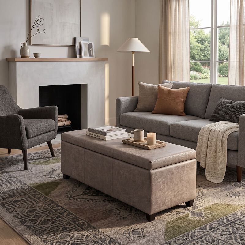Avalon 48 inch Wide Contemporary Rectangle Storage Ottoman Bench in Distressed Grey Taupe Vegan Faux Leather, Assembled image number 2