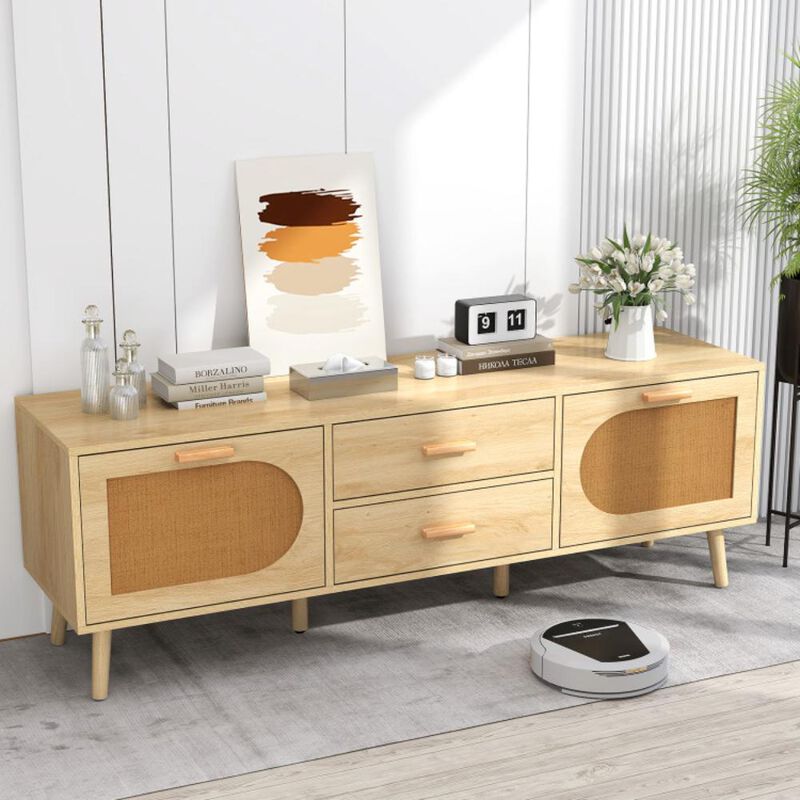 Hivvago Rattan TV Stand for 65-Inch TV with Drawers and Solid Wood Legs-Natural