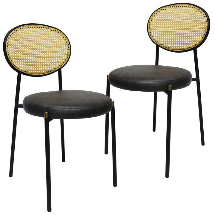 LeisureMod Euston Modern Dining Chair with Wicker Back and Leather Seat, Indoor Kitchen, Dining Room, Home, Contemporary Side Chair Seating, Set of 2