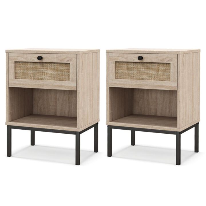 Hivvago Rattan Nightstand Boho End Table with Rattan Drawer and Open Shelf Set of 2
