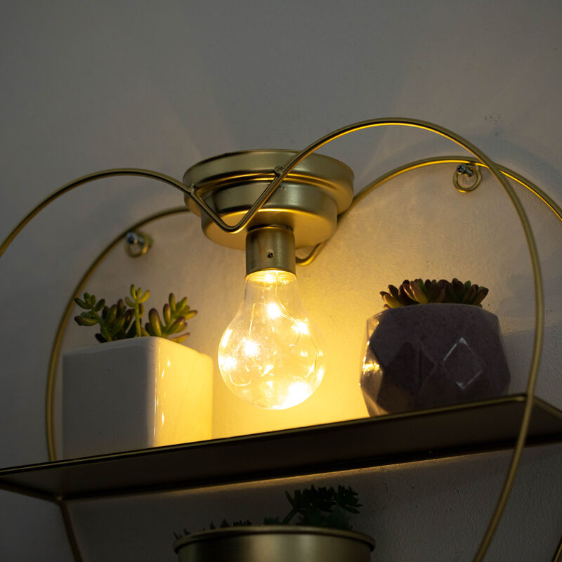 Vintiquewise Heart-Shaped 2-Tier Floating Metal Wall Shelf with Overhead Light Bulb &ndash; Decorative Wall-Mounted Shelf for Bedroom, Living Room, Hallway, Bathroom, or Entryway Decor, Gold Finish