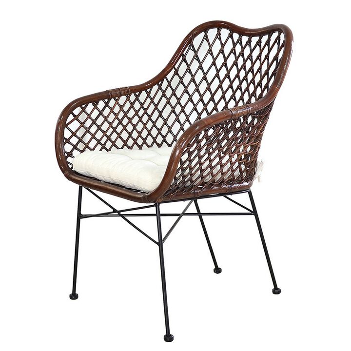 25 Inch Palapa Side Chair, Cushion, Rattan Cane, Iron Legs, White, Black