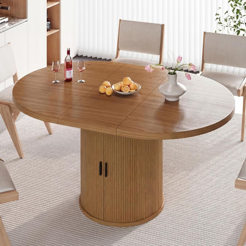 Vipbear 43" to 59" Extendable Round Dining Table, Solid Wood Top with Storage Cabinet, Kitchen image number 6