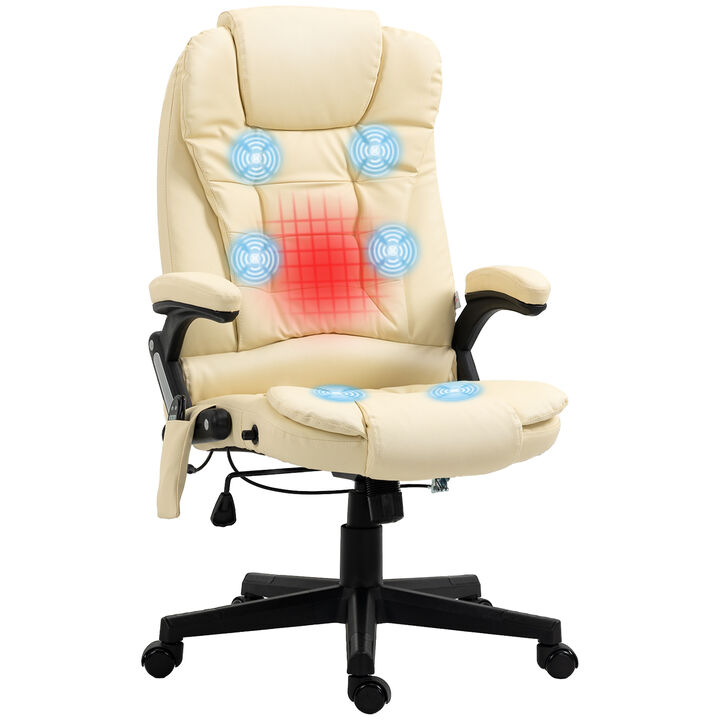 HOMCOM High Back Vibration Massage Office Chair with 6 Vibration Points, Heated Reclining PU Leather Computer Chair with Armrest and Remote, Beige