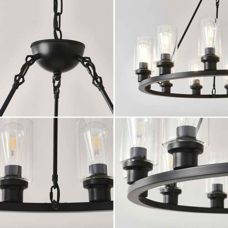 ELEMENT ACE Rustic Wagon Wheel Chandelier with Seeded Glass Shades and Adjustable Chains for Modern Farmhouse Lighting image number 8