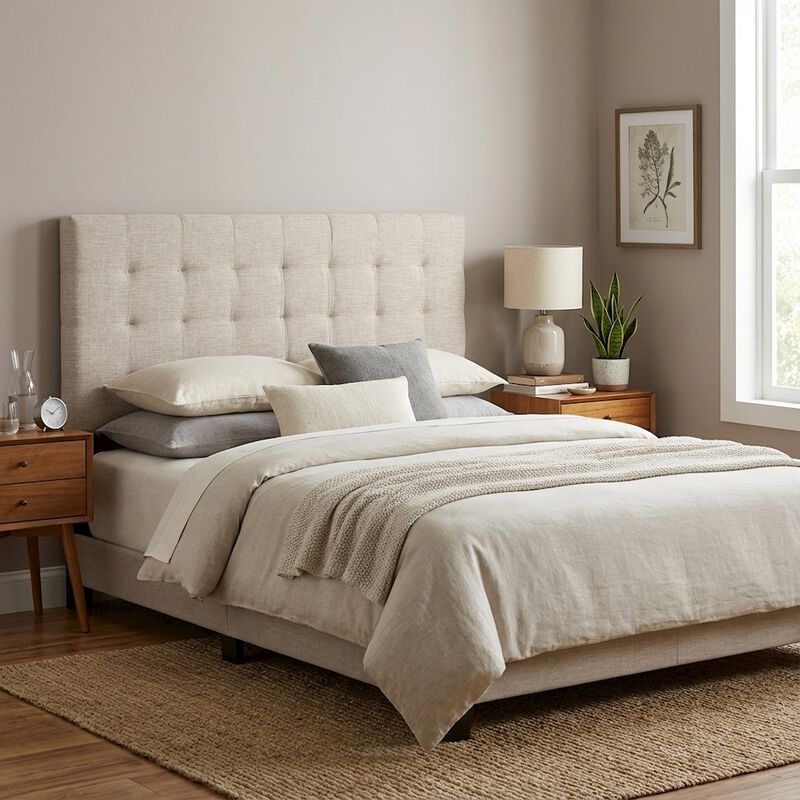 Tufted Upholstered Headboard in Linen Fabric, Elegant Design for King Bed image number 3