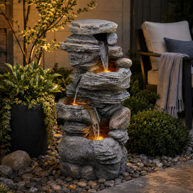Outdoor Faux Stone 4-Tier Water Fountain with LED, Gray image number 5