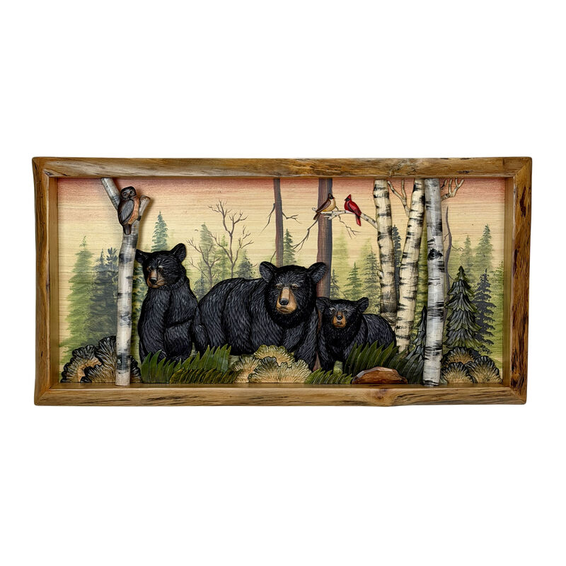 Rustic Bear Family in Woods Intarsia Wood Wall Sculpture 35.5x18 Indoor image number 0