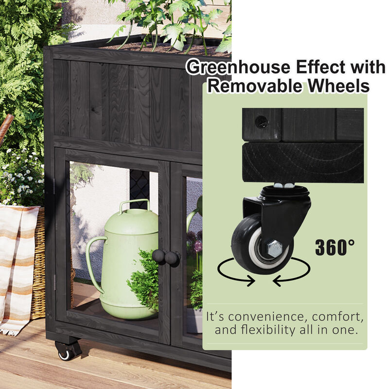 Wood Cold Frame with Raised Garden Bed & Wheels, 2-Door Greenhouse for Indoor/Outdoor Use