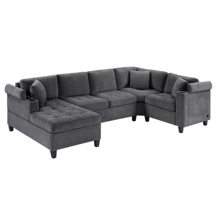 Merax Modern U-shaped Sectional Sofa  Corner Sectional Living Room Couch Oversized Sectional with with Built-in Cup Holders