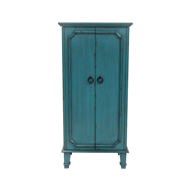 Tall Wooden Jewelry Chest with Multiple Drawers and Turquoise Detailing