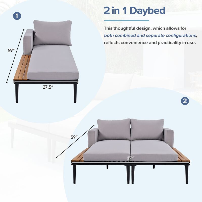 2-in-1 Outdoor Sofa Daybed for Poolside/Balcony, Wood-Topped Side Spaces & Padded Lounges