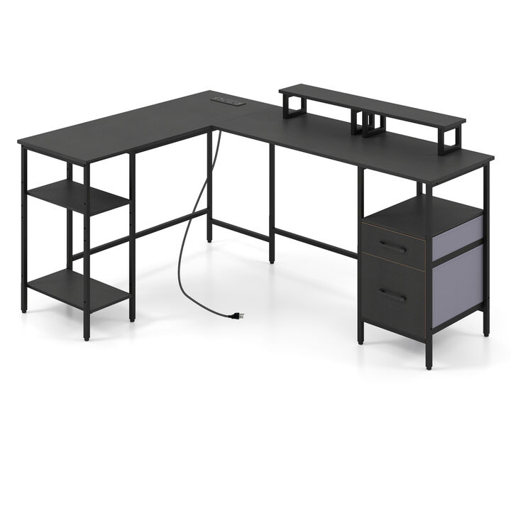 Reversible L Shaped Computer Desk with Power Outlet and Monitor Stands
