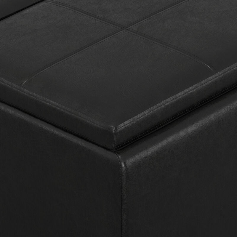 Avalon 42 inch Wide Contemporary Rectangle Storage Ottoman in Distressed Black Vegan Faux Leather, Assembled