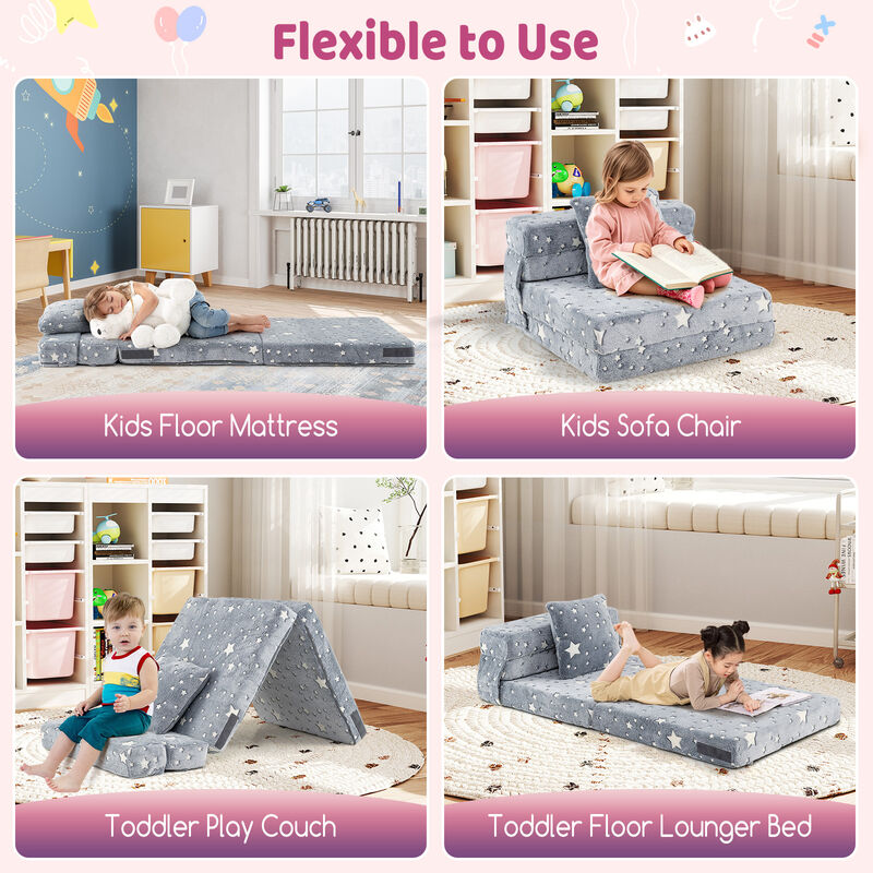Kids Folding Sofa Bed Floor Mattress Glow in the Dark with Pillow-Multicolor