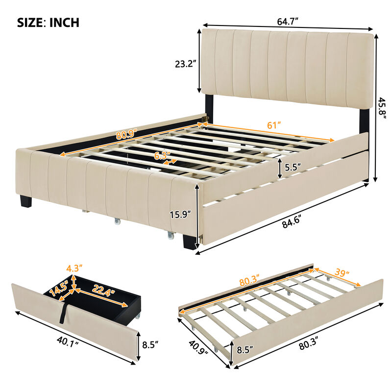 Merax Velvet Platform Bed Frame with  Drawers and Trundle