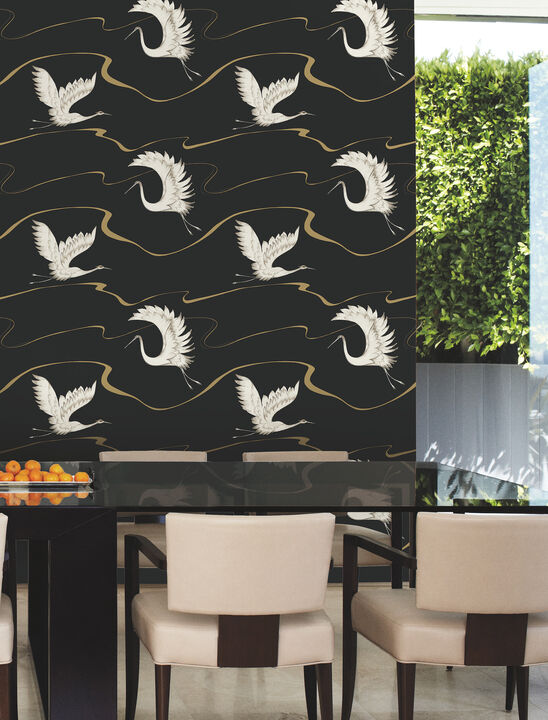 Soaring Cranes Black & Gold Wallpaper