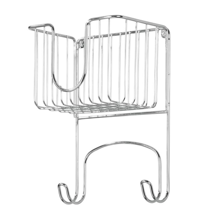 mDesign Metal Wall Mount Ironing Board Holder with Small Storage Basket - Chrome