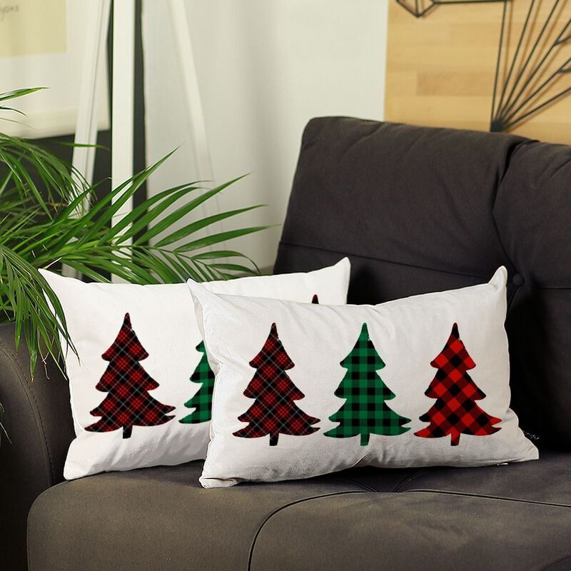 Homezia Set of 2 Christmas Tree Trio Plaid Lumbar Throw Pillows